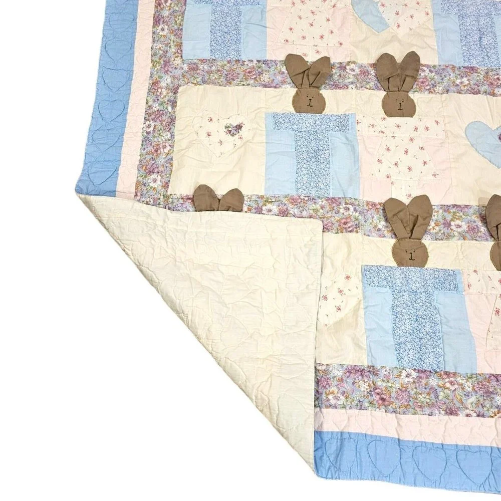 Vintage Baby Quilt Blanket Floppy Bunny Ears Hearts Blue Cream Pink Floral 44x50